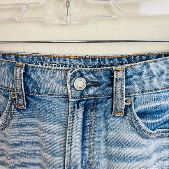 American Eagle High Rise Distressed Denim Crochet Detail Festival Mini Skirt - Picture 7 of 10